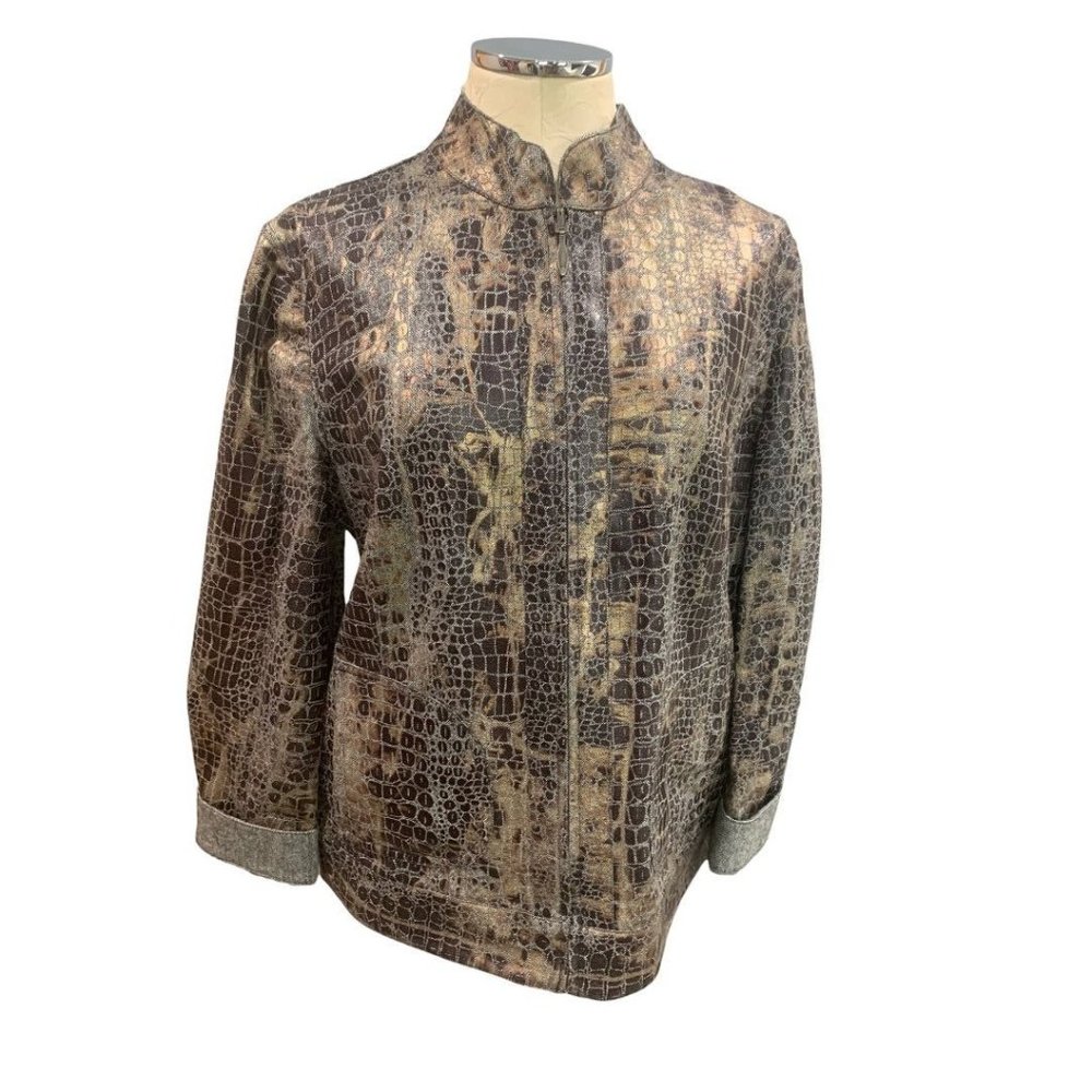 Large Chico's Women's Reversible Full Zip‎ Jacket Print Gray Pockets